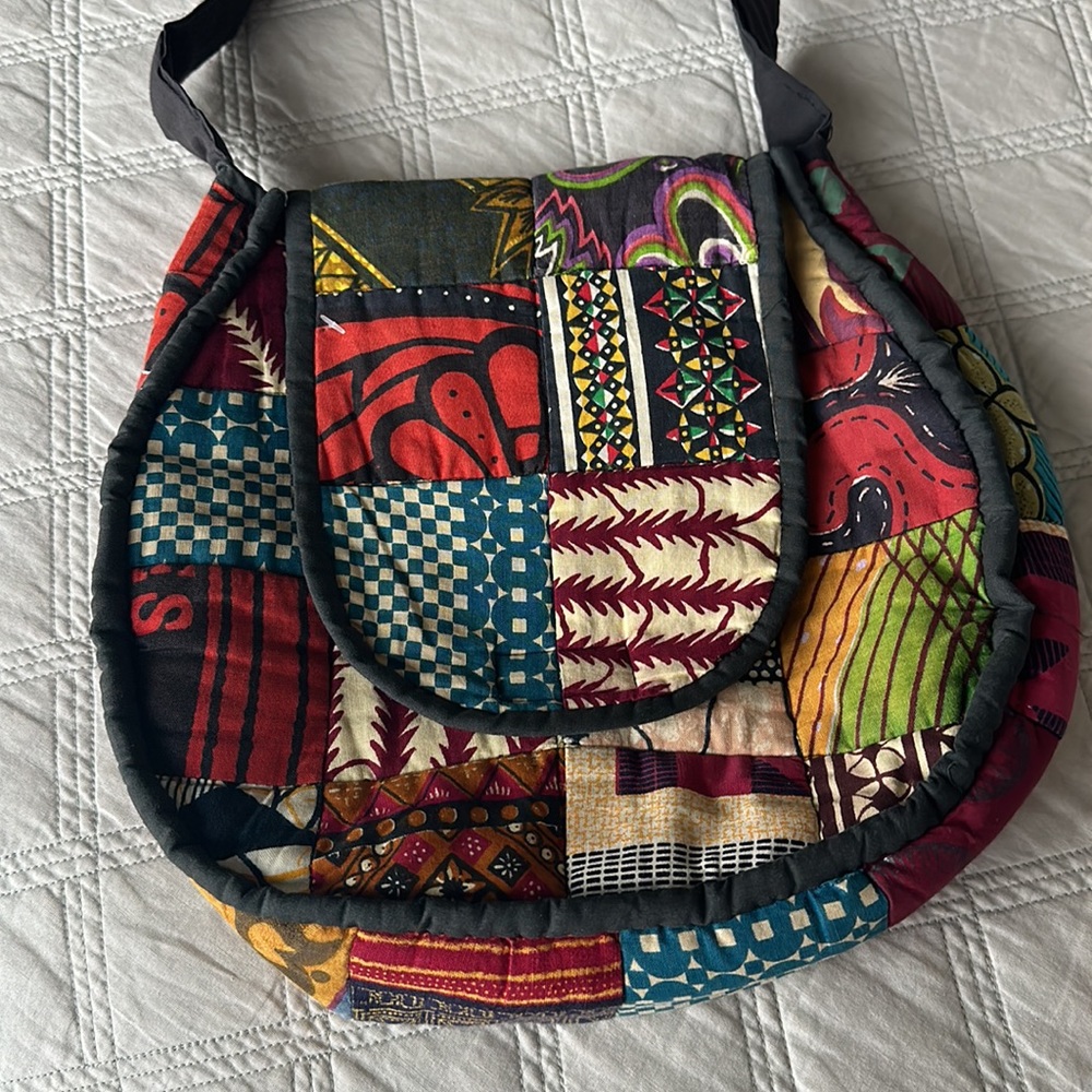 Boho chic reversible textile quilted shoulder bag